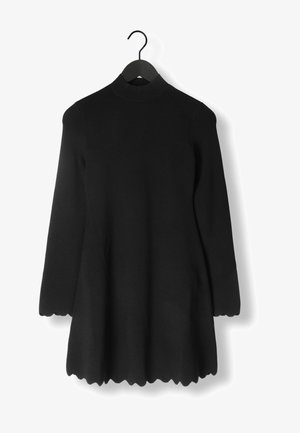 Robe noire à manches longues avec un col montant, de forme évasée et un ourlet festonné. Fabriquée dans un matériau épais et lisse ; suspendue sur un cintre noir.