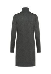 Abito lavorato a maglia grigio scuro con colletto alto, maniche lunghe e polsini e orlo a coste, che mette in mostra una texture liscia e una vestibilità comoda.