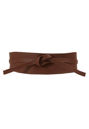 Brown leather belt with a smooth texture, featuring a knot detail at the center and extended ties on either side for fastening.