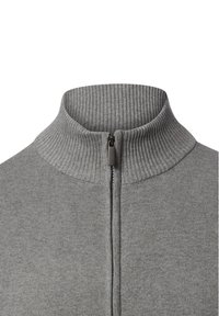 Gray zip-up sweater with a ribbed collar and texture, featuring a front zipper and smooth fabric. Simple design focus.