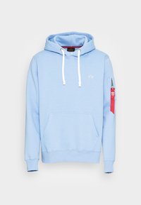 Felpa leggera blu con tasca a marsupio, coulisse bianca, polsini a coste e un accento rosso sulla manica con una tasca con zip.