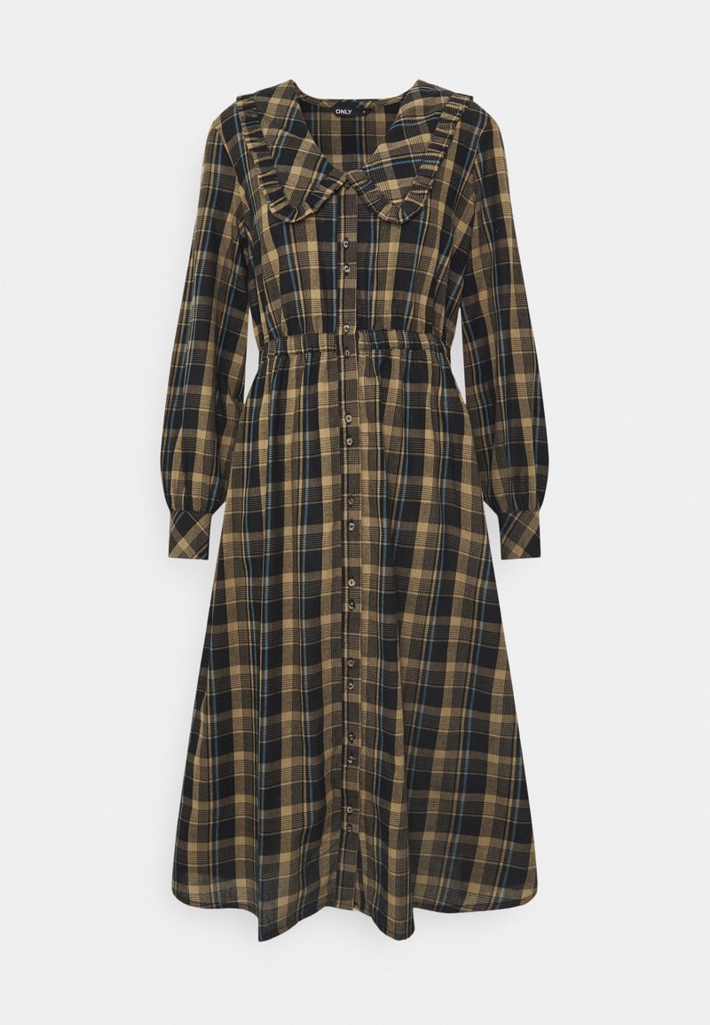 Robe à carreaux marron et bleu marine avec manches longues, col avec revers, patte de boutonnage à l'avant et taille élastique pour un ajustement optimal. Matière en coton.