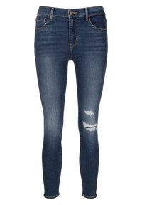 Slim-fit jeans i mörk denim med midjehöjd, rivna detaljer vid knäna och klassisk femfickdesign.