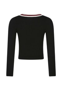 Maglietta nera a maniche lunghe con texture a coste presenta un design cropped e un colletto a righe in contrasto di color bordeaux e bianco. Texture liscia, forma aderente.