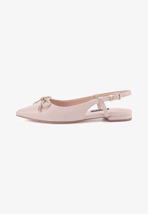 Pointed-toe slingback flats in light pink leather, featuring a decorative bow with metallic accents and a flat heel. Adjustable ankle strap included.