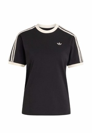 Chemise noire à manches courtes avec bordure blanche sur le col et les poignets, rayures blanches perforées le long des épaules et des manches, petit logo Adidas sur la poitrine.