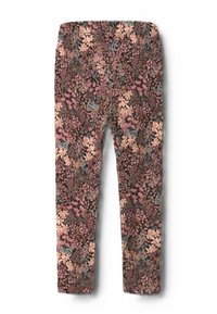 Legginsy w kwiaty z ciemnym tłem oraz różowymi, niebieskimi i kremowymi kwiatami; elastyczna talia; miękka tkanina o gładkiej fakturze.