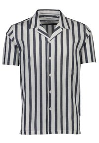 Korte mouw shirt in een wit en marineblauw gestreept patroon, gemaakt van lichtgewicht stof, met een puntige kraag en zes knopen aan de voorkant.