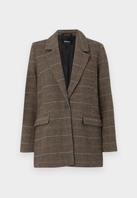 Blazer en chevrons marron avec fines carreaux blancs type "windowpane", revers à crans, un bouton, poches à rabat et doublure intérieure noire.