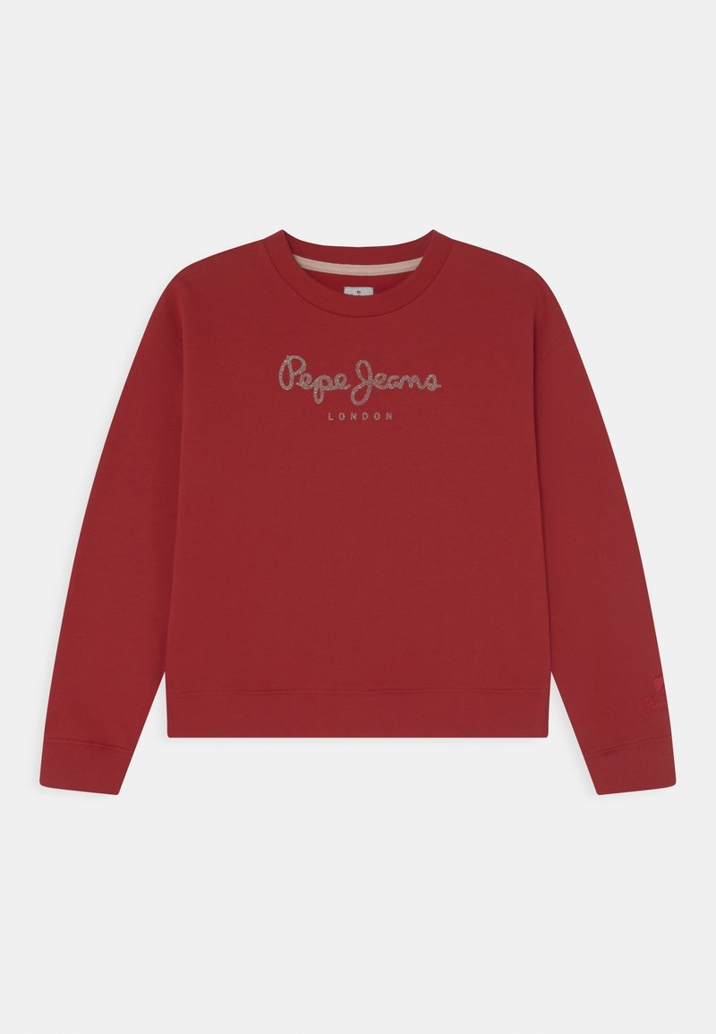 Sweatshirt rouge à manches longues et col rond avec le texte "Pepe Jeans London" brodé sur la poitrine.