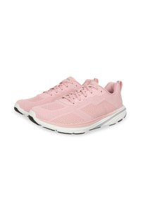 Scarpe da ginnastica rosa chiaro realizzate in materiale mesh con un design testurizzato, dotate di una resistente intersuola bianca e suola in gomma nera.