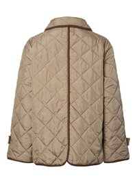 Η μπεζ μπουφάν με ραφές διαθέτει γιακά, καφέ περιθώριο και μοτίβο διαμαντιού. Δεν έχει ορατά κλεισίματα και διαθέτει ρυθμιζόμενα μανίκια για καλύτερη εφαρμογή.