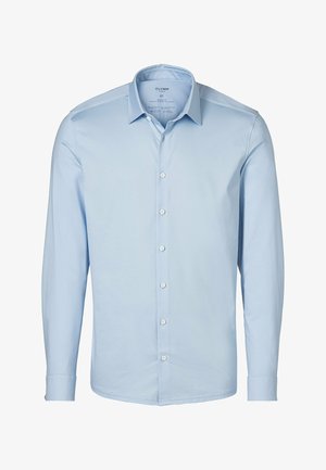 Helles blaues langärmliges Hemd mit Knöpfen aus glattem Stoff, das einen klassischen Kragen, weiße Knöpfe und geknöpfte Manschetten aufweist.