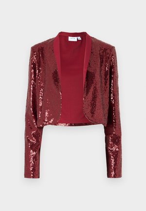Burgundy cropped jacket covered in sequins, featuring a shawl collar and long sleeves. Smooth inner lining with no fastenings.