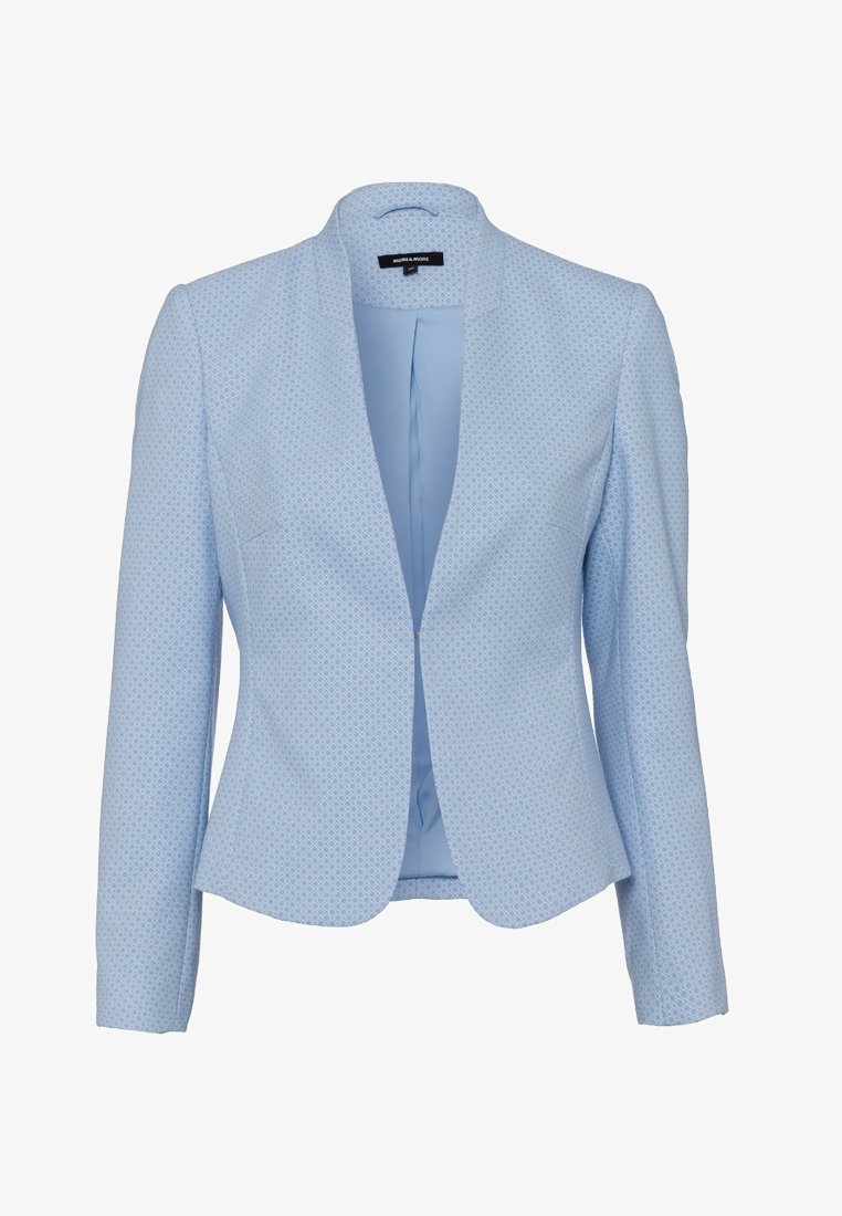 Vaaleansininen naisten bleiseri, jossa on hillitty geometrinen kuvio, istuva malli, pitkät hihat, avoin etuosa ja sileä vuori.