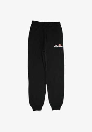 Pantalon de survêtement noir avec taille élastique et cordon de serrage, doté de poches latérales, de poignets côtelés et d'un petit logo coloré sur le devant.