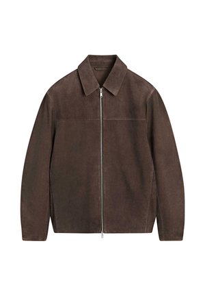 Brown suede jacket with long sleeves, pointed collar, and front silver zipper closure, displayed on a white background.