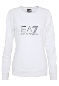 Vit sweatshirt i bomull med lång ärm och rundad halsringning. Framsidan visar en silverfärgad EA7 och Emporio Armani-logotyp.