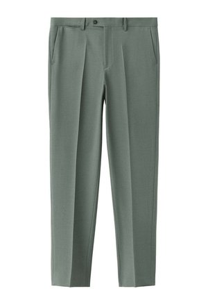 Gerade geschnittene grau-grüne formelle Hose mit Gürtelschlaufen, seitlichen Taschen, vorderer Bundfalte und Knopfverschluss am Bund.