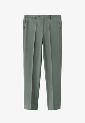 Pantalon formel gris-vert à jambes droites avec passants de ceinture, poches latérales, pli sur le devant et fermeture à bouton à la taille.