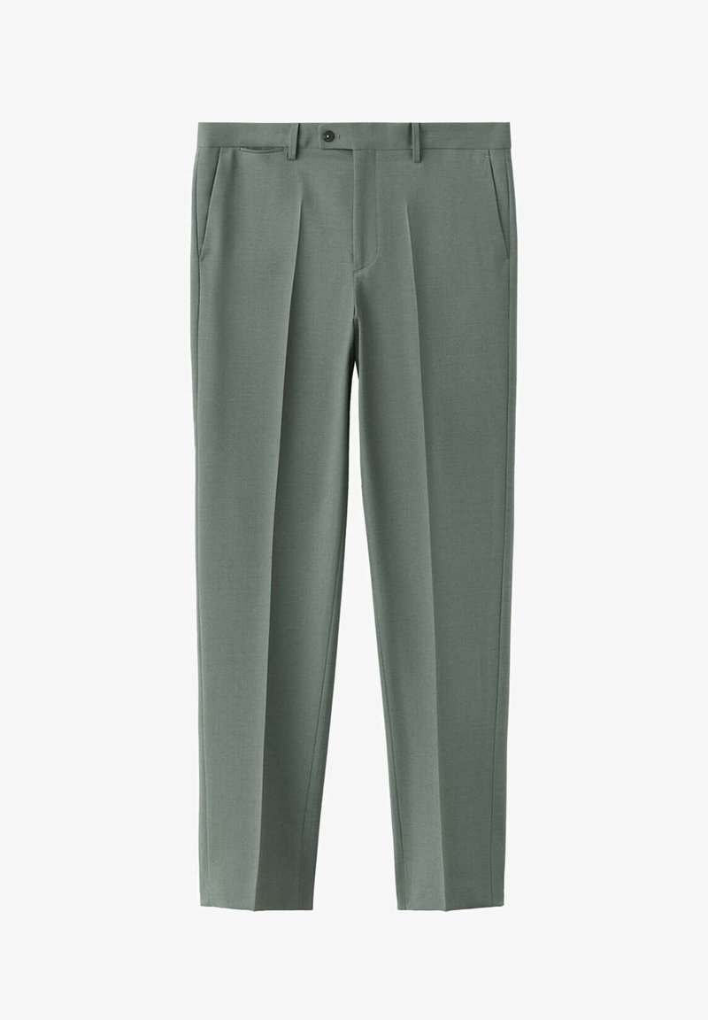 Pantalon formel gris-vert à jambes droites avec passants de ceinture, poches latérales, pli sur le devant et fermeture à bouton à la taille.