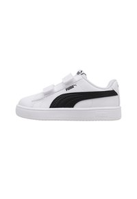 Sneaker bianche con una striscia laterale in suede nero, cinturini in Velcro e suola in gomma testurizzata; logo PUMA sui lati e sulla linguetta.
