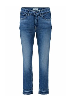 Jean en denim bleu clair à coupe droite, avec cinq poches, une fermeture à bouton, et des détails de couture visibles à l'ourlet.