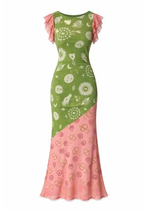 Green and pink fitted dress with celestial and spiral patterns, featuring sheer pink ruffled short sleeves and diagonal color blocking.