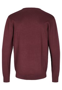 Burgundy knit sweater with long sleeves, round neckline, and ribbed hem. Smooth texture, no visible patterns or hardware details.