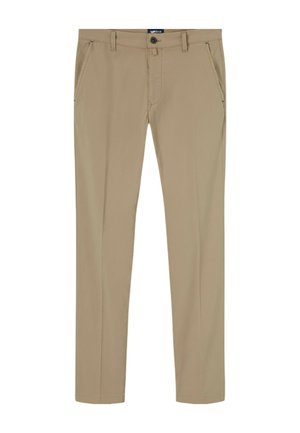 Pantaloni beige slim-fit con tasche anteriori, passanti per cintura, chiusura con bottone e cerniera, posati distesi su sfondo bianco.