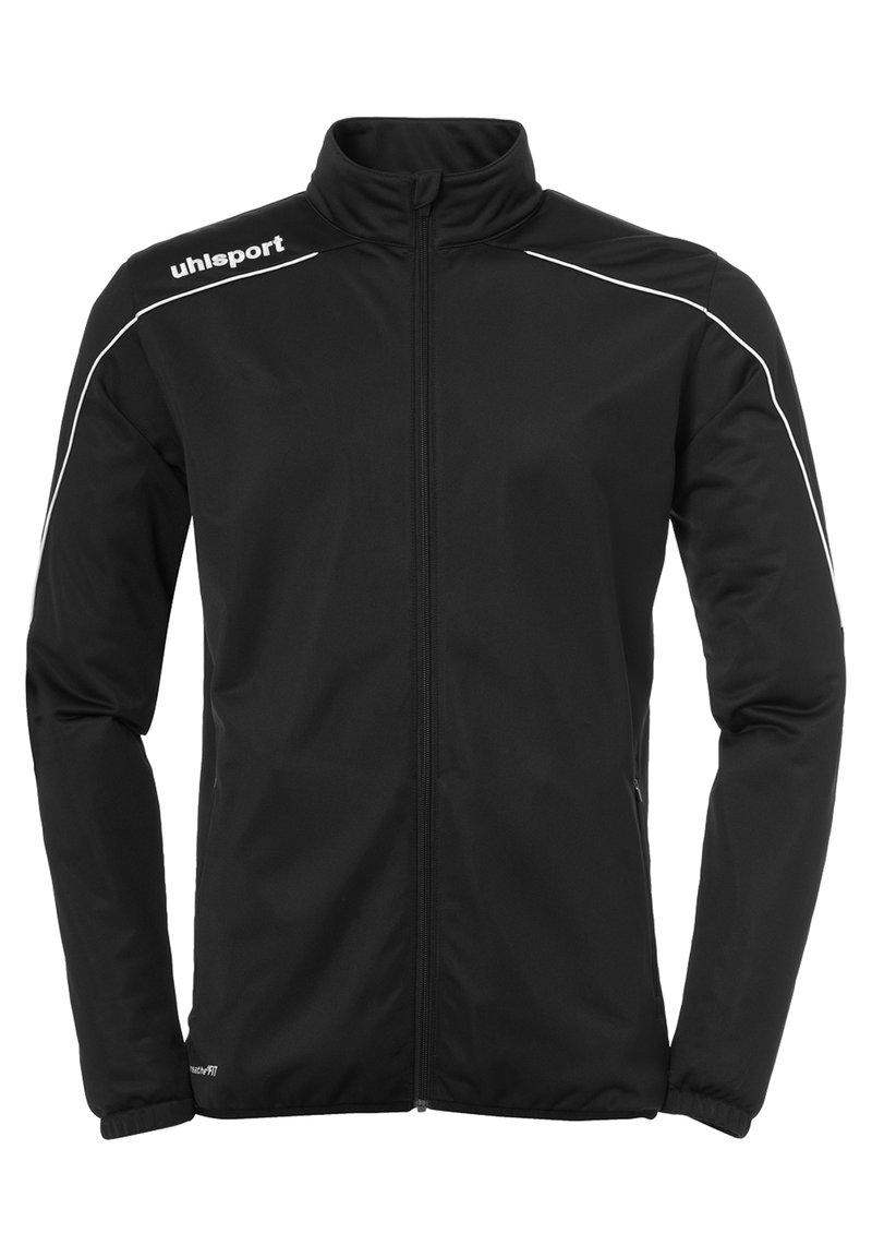 Veste de sport noire avec fermeture éclair à l'avant, col haut, manches longues et rayures blanches sur les épaules. Fabriquée en matériau synthétique lisse.