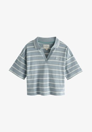 Light blue short-sleeve polo shirt with white horizontal stripes. Made of soft fabric, featuring a v-neck and a subtle logo on the chest.