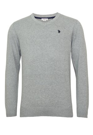 Gray long-sleeve sweater featuring a V-neck, ribbed hem, and small embroidered logo on the chest. Made from a soft knit material.