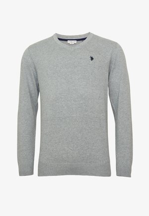 Gray long-sleeve sweater featuring a V-neck, ribbed hem, and small embroidered logo on the chest. Made from a soft knit material.