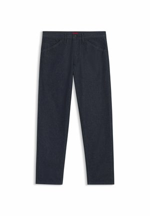 Dark blue denim jeans with a straight-leg design, five pockets, subtle stitching, and a red brand tag on the waistband.
