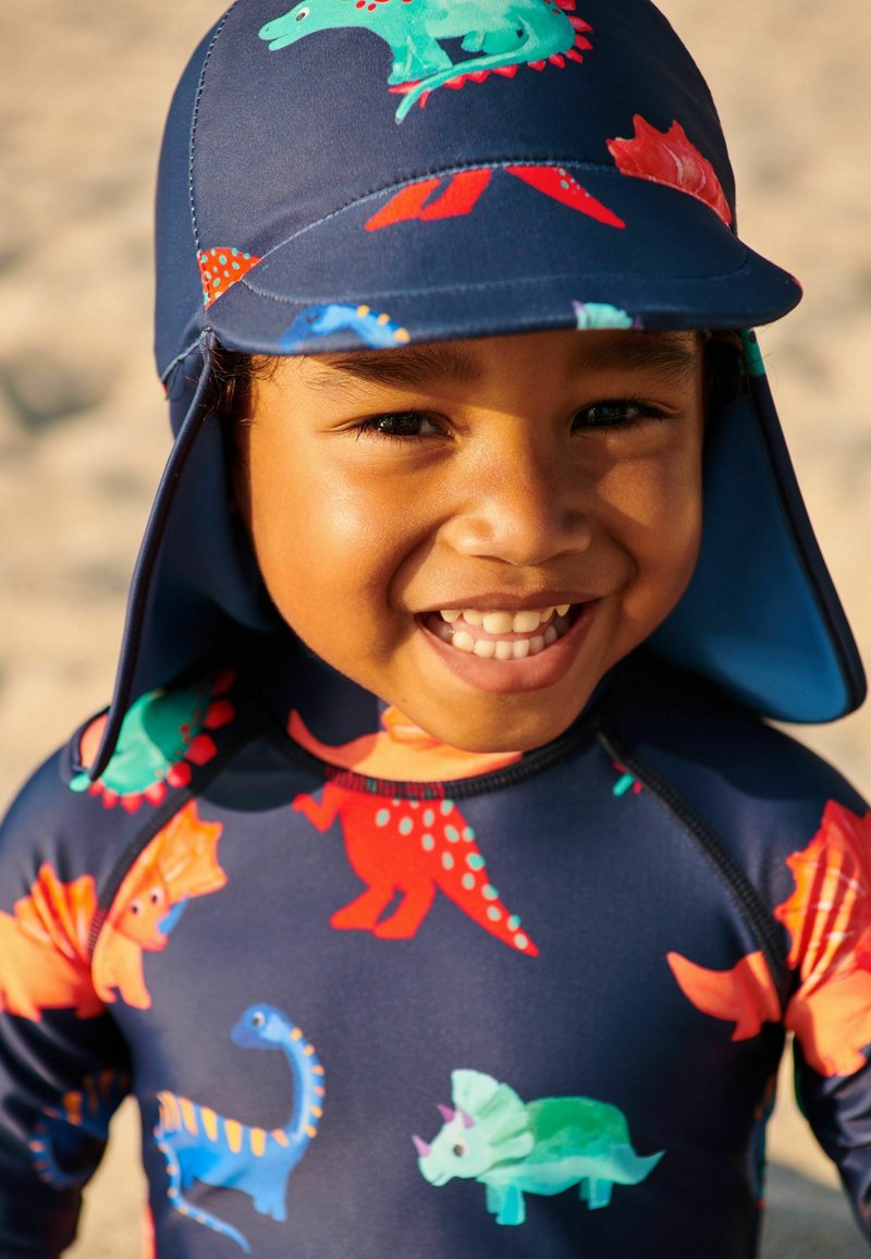 Babyhug Swimming Trunk & Cap with Dino Print - Navy Blue