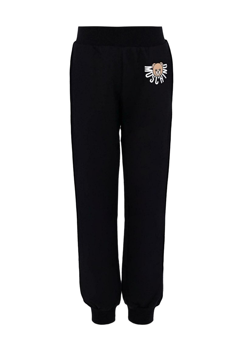 Zwarte joggings met een elastische tailleband, ribgebreide boorden en een geprinte beerafbeelding met tekst op de linker dij. Zacht, gestructureerd materiaal.