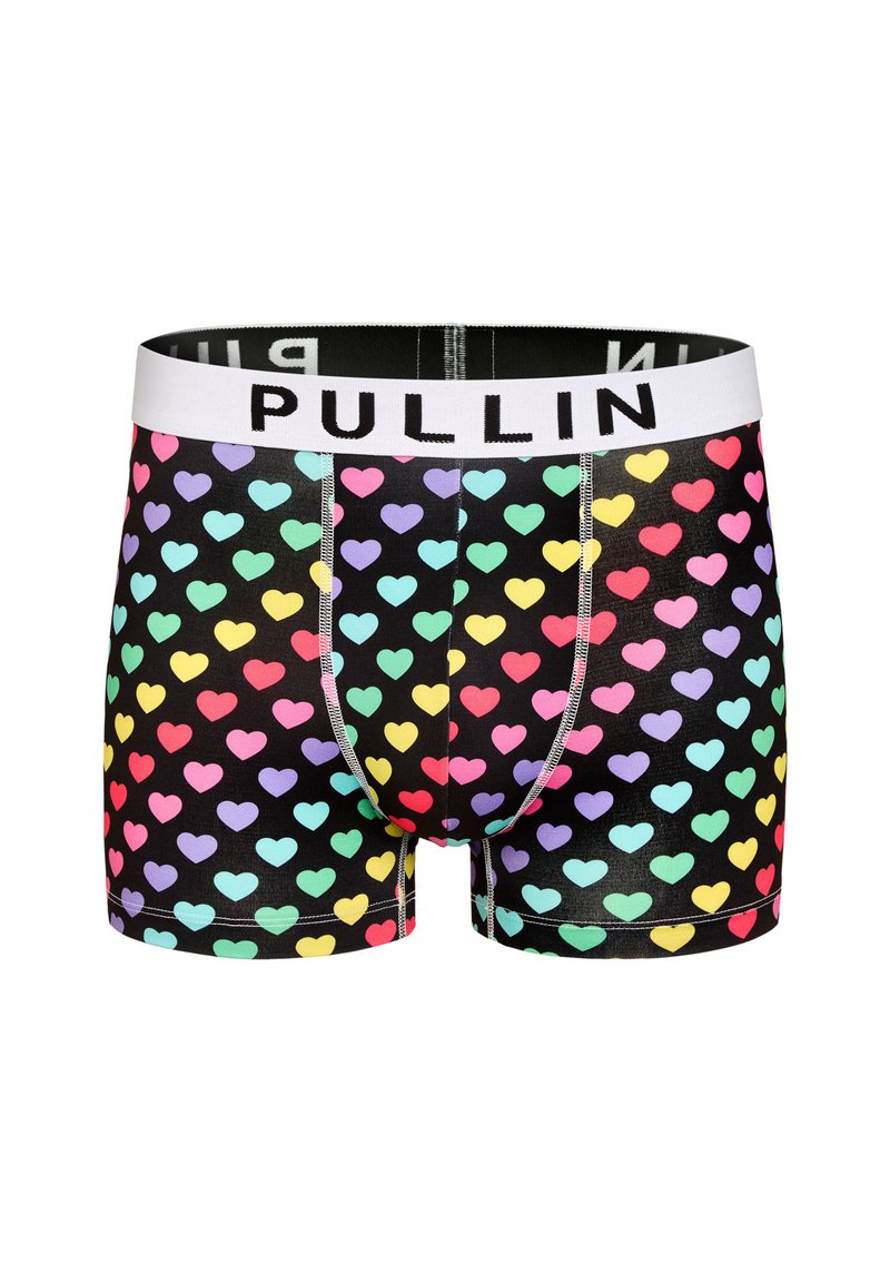 Shorts de boxe noirs avec un motif répétitif de cœurs en rose, violet, bleu, vert et jaune. Taille élastique avec le logo "PULLIN".