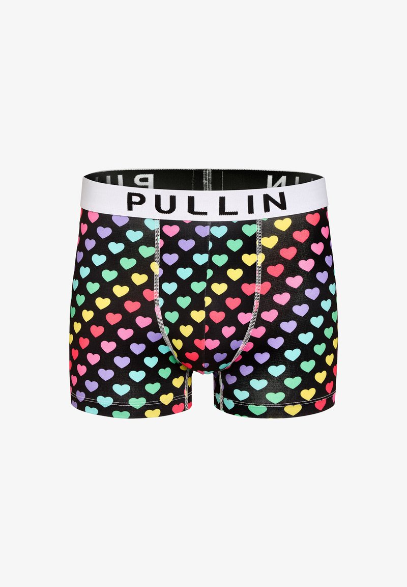 Shorts de boxe noirs avec un motif répétitif de cœurs en rose, violet, bleu, vert et jaune. Taille élastique avec le logo "PULLIN".