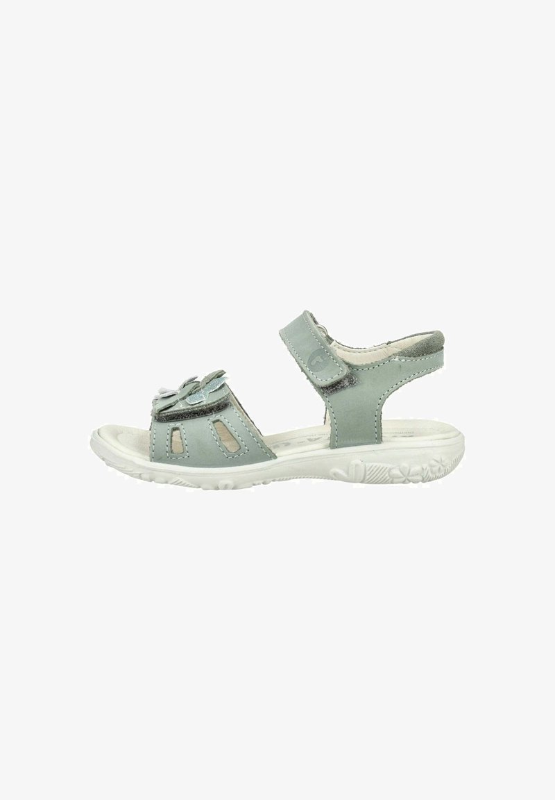 Sandale enfant gris clair à bout ouvert avec des brides réglables et une fleur décorative à l'avant, semelle blanche matelassée avec motif floral.