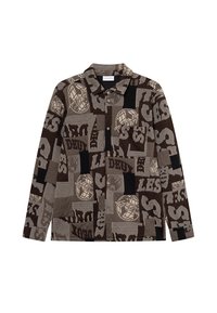 Brąszowy, wzorzysty koszula z różnorodnymi teksturami i wzorami, z dużymi elementami tekstowymi oraz kołnierzykiem. Długie rękawy, zapięcie na guziki.