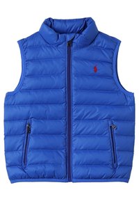 Blå pufferväst gjord av nylon med vertikalt quiltade detaljer, ståkrage, heldragkedja och två fickor med dragkedja på framsidan.