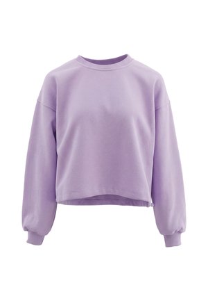 Lavendelfarvet cropped sweatshirt med lange puffede ærmer og ribstrikkede manchetter og halsudskæring, vist på hvid baggrund.