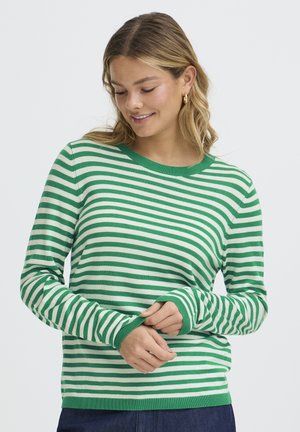 Grün-weiß gestreifter Pullover mit Rundhalsausschnitt, langen Ärmeln und gerippten Bündchen. Weiche Textur, figurbetontes Design und kontrastierender Saum.