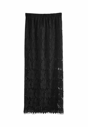 Falda de encaje negra con patrón floral, cinturilla elástica y dobladillo desflecado. Hecha de tela de encaje con detalles transparentes en toda su superficie.