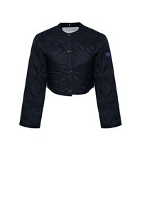 Zwarte cropped doorgestikte jas met ronde hals, lange mouwen, vier knopen aan de voorkant en een klein Polo Club-logo op de linkerarm.