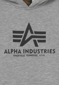 Grå hettegenser med en stor svart logo med et abstrakt design og tekst som sier "ALPHA INDUSTRIES" og "KNOXVILLE, TENNESSEE, U.S.A."