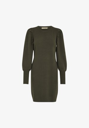 Gebreide jurk in olijfgroen, met lange pofmouwen, een geribbelde halslijn en zoom. Soepele textuur, aansluitende silhouet, knielange ontwerp.