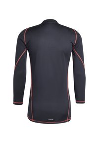 Langarm sportshirt in zwart met contrasterende rode stiksels, textuurstof en AEROREADY-logo nabij de zoom.