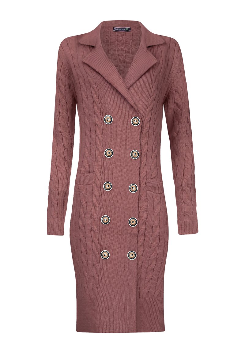 Pletený cardigan v mauve barvě s pruhovaným vzorem, dlouhými rukávy a dvouradovým zapínáním s velkými kulatými knoflíky a předními kapsami.